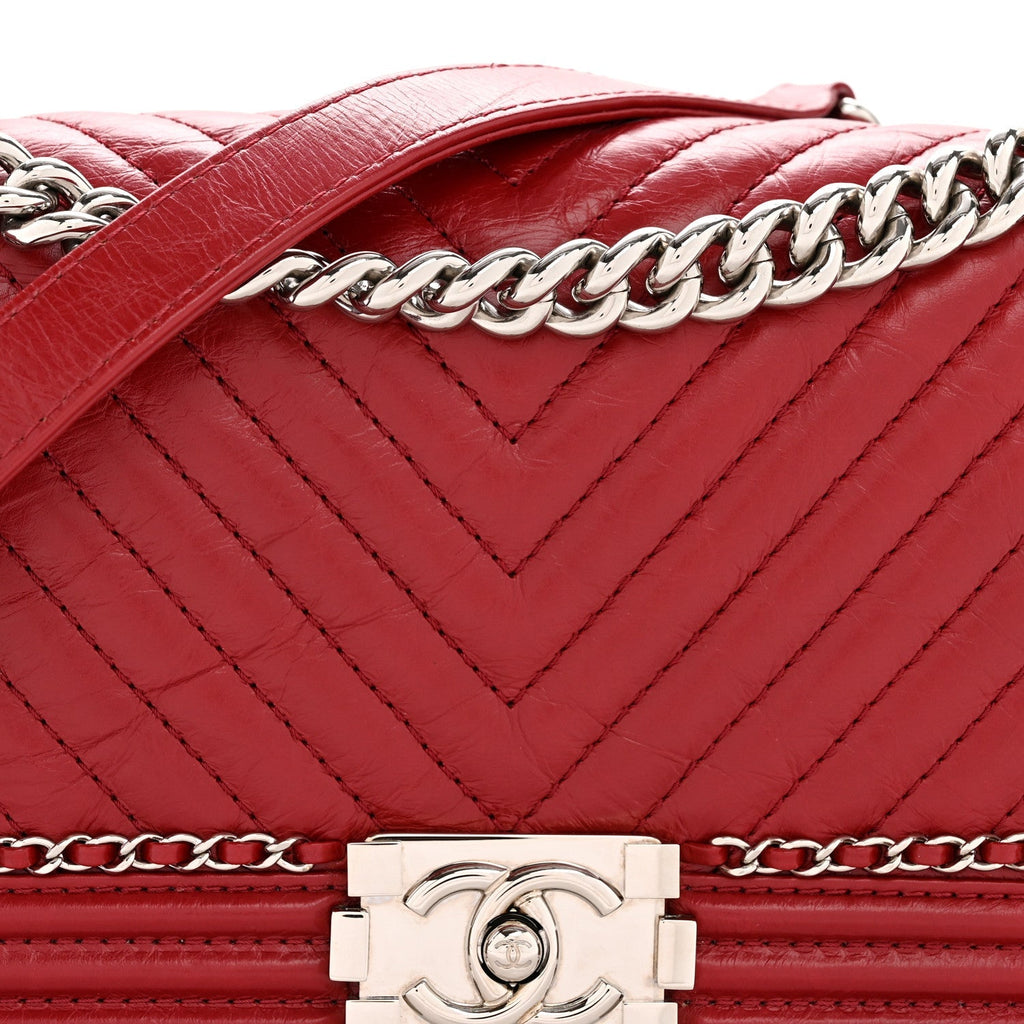 Aged Calfskin Chevron Quilted Medium Jacket Boy Flap Red
