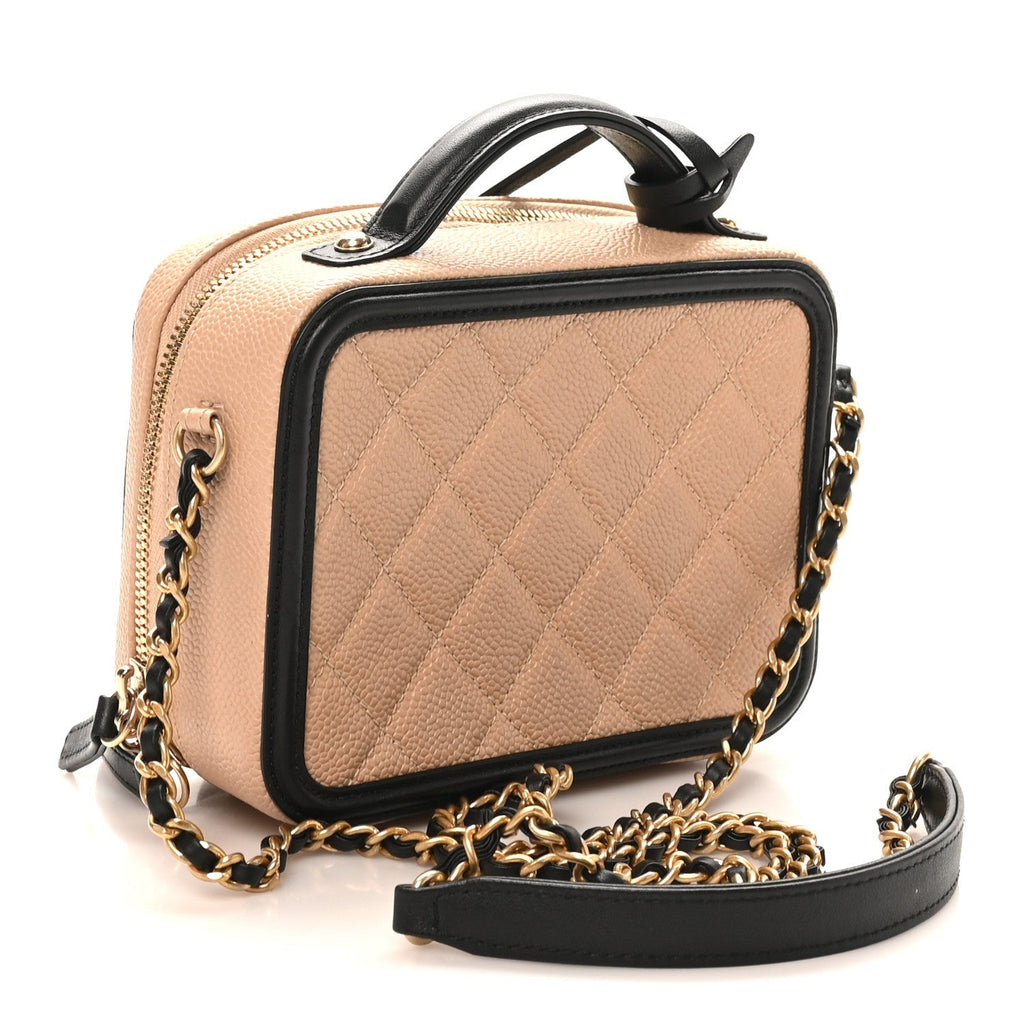 Caviar Quilted Small CC Filigree Vanity Case Beige Black