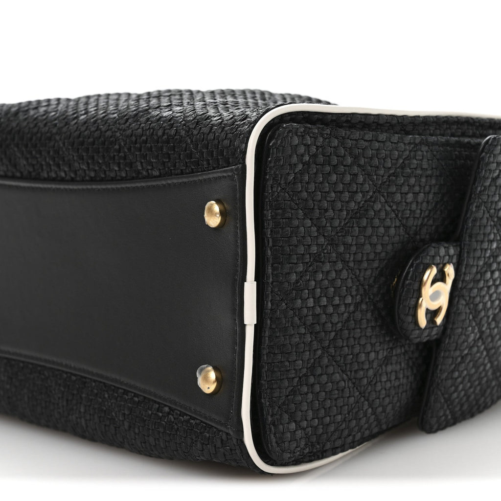 Braided Raffia Calfskin Small Chanel 25 Handbag Black White
