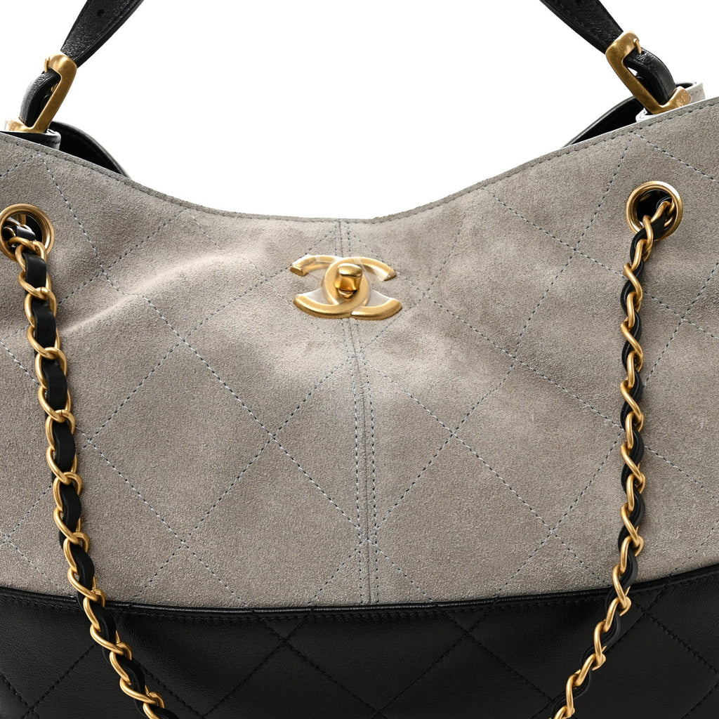 Suede Calfskin Shiny Lambskin Quilted Small Coco Base Shopping Bag Grey Black
