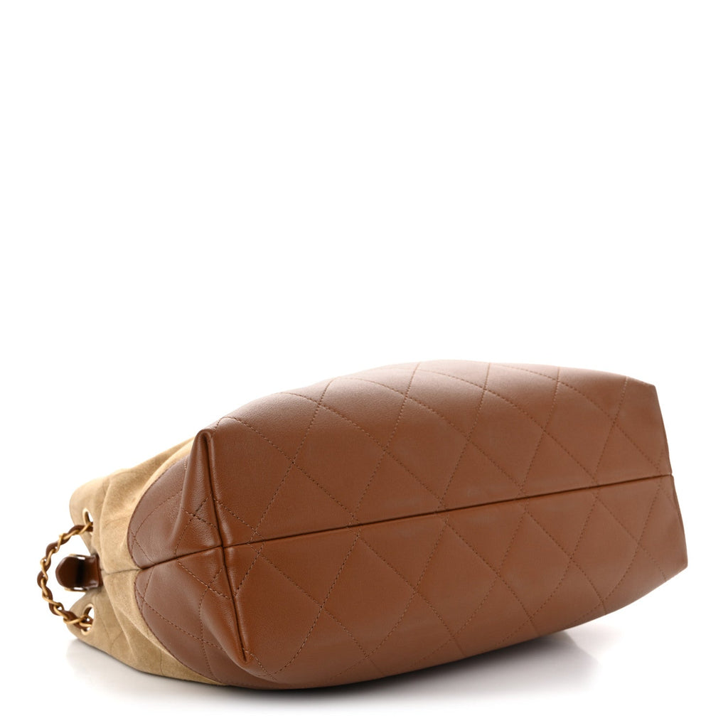 Suede Calfskin Shiny Lambskin Quilted Small Coco Base Shopping Bag Beige Camel