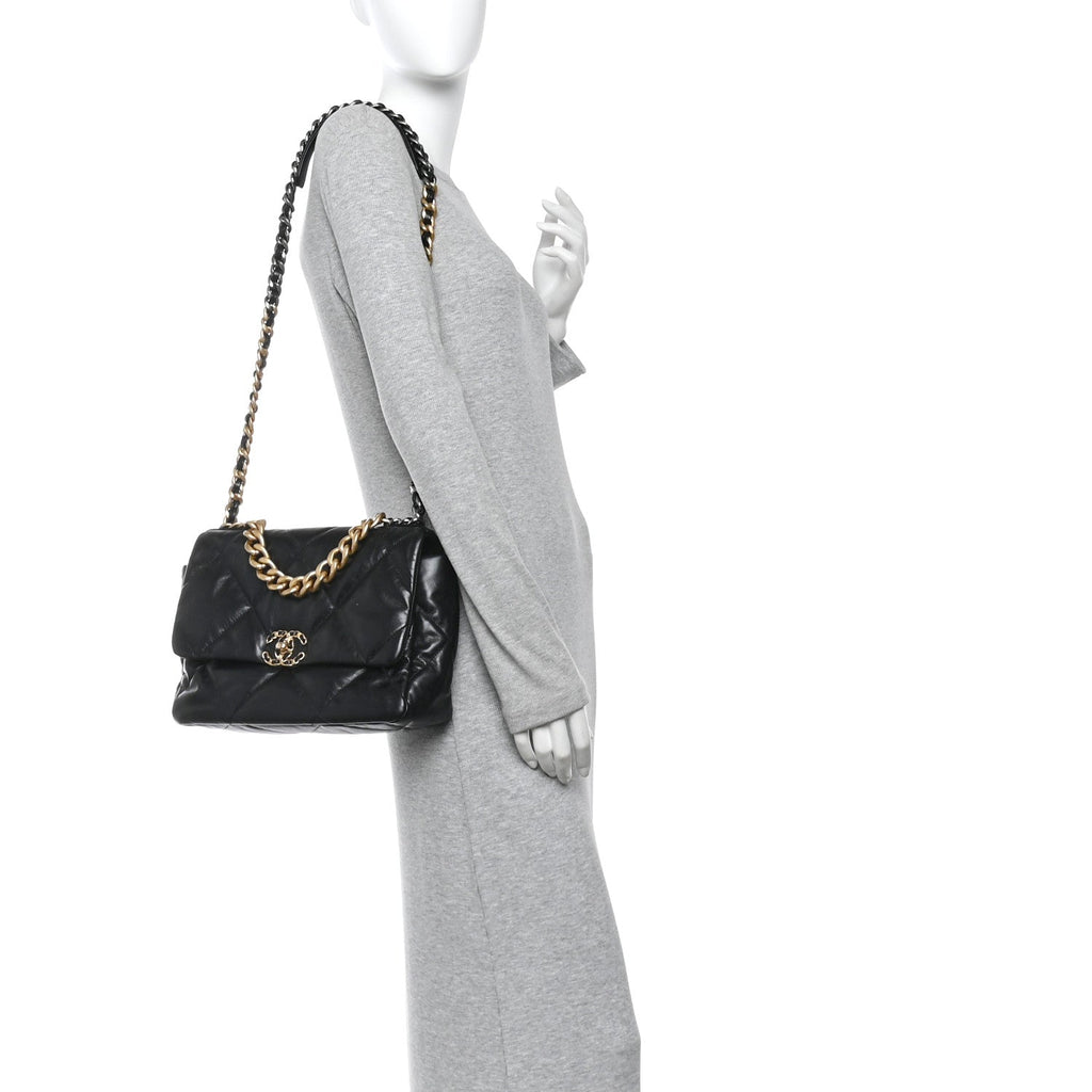 Shiny Goatskin Quilted Large Chanel 19 Flap Black