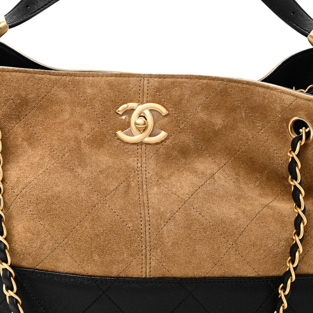Suede Calfskin Shiny Lambskin Quilted Small Coco Base Shopping Bag Beige Black
