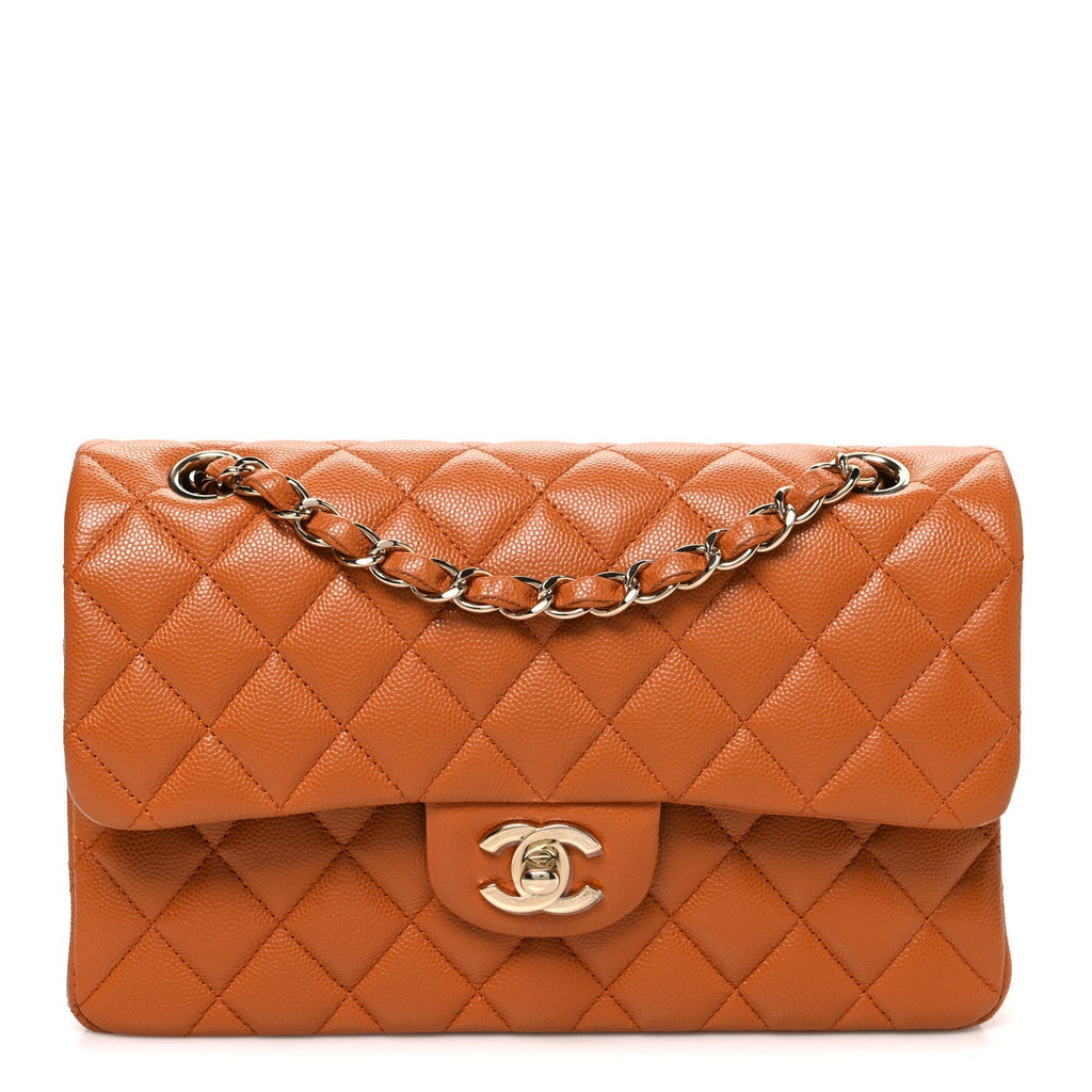 Caviar Quilted Small Double Flap Light Brown