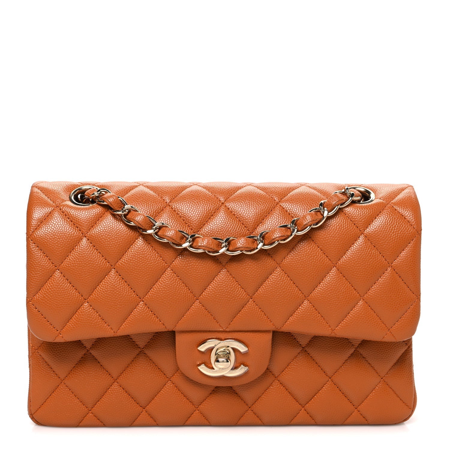 Caviar Quilted Small Double Flap Light Brown