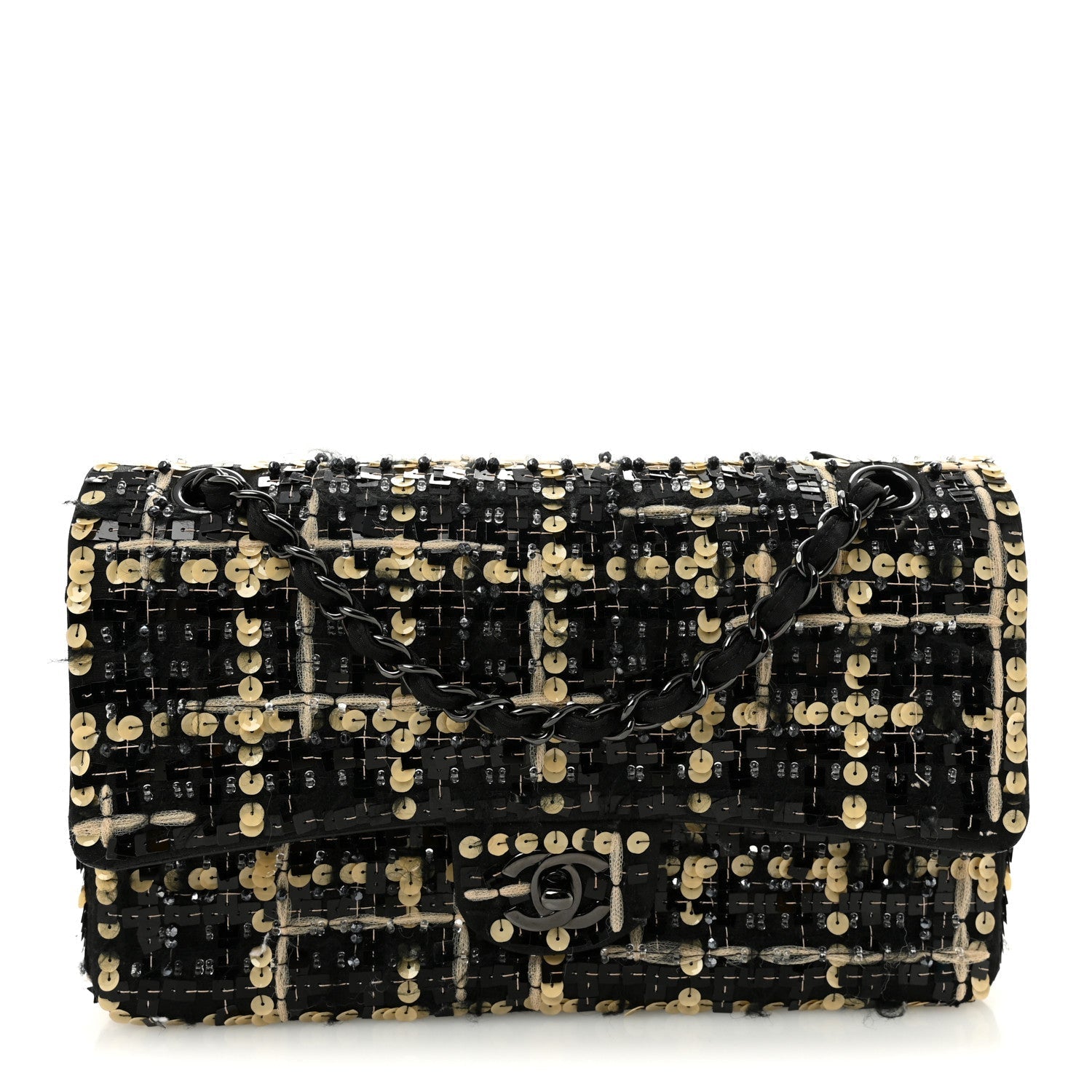 Satin Sequin Embroidered Medium Double Flap Black