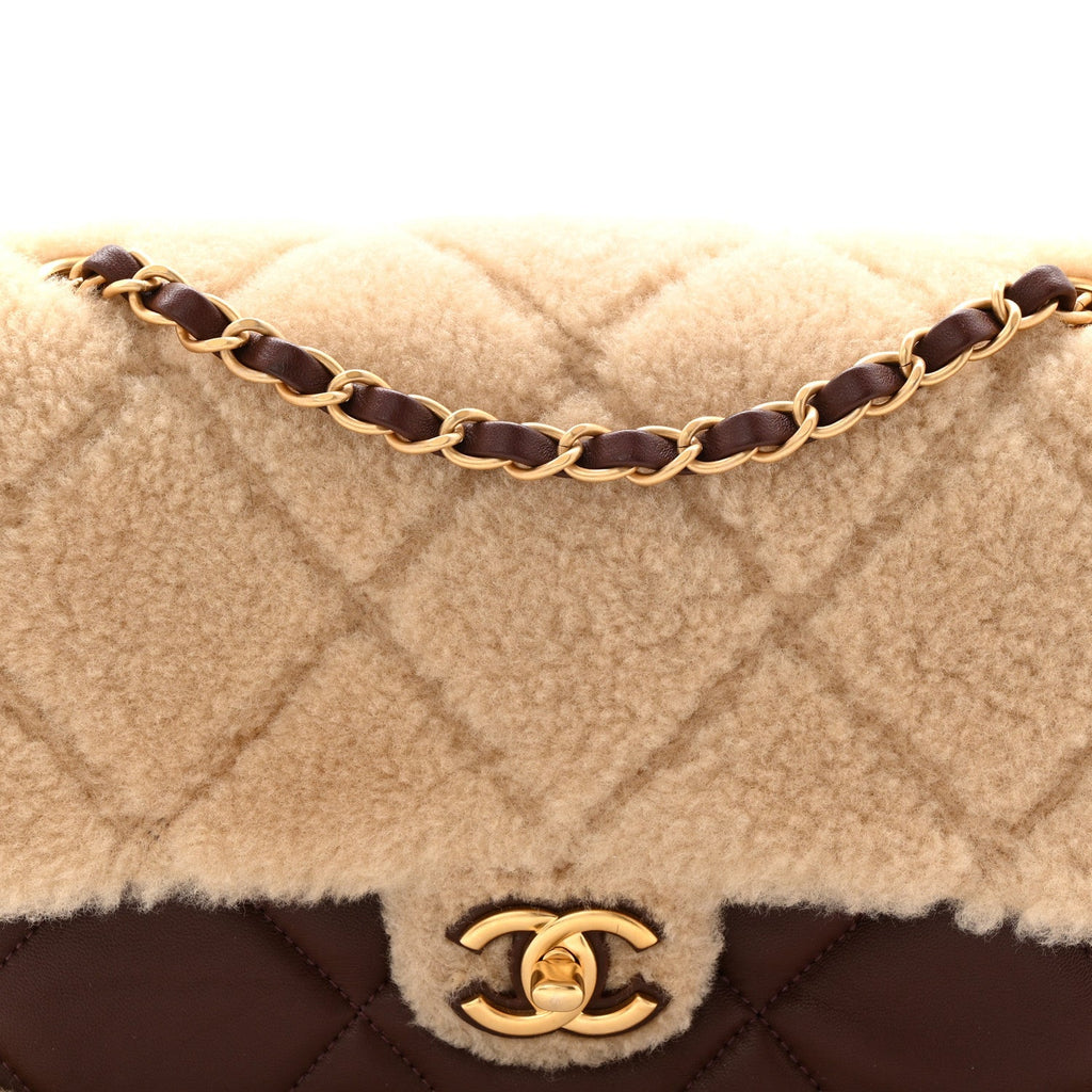 Shearling Lambskin Quilted Furry Coco Flap Dark Brown Beige