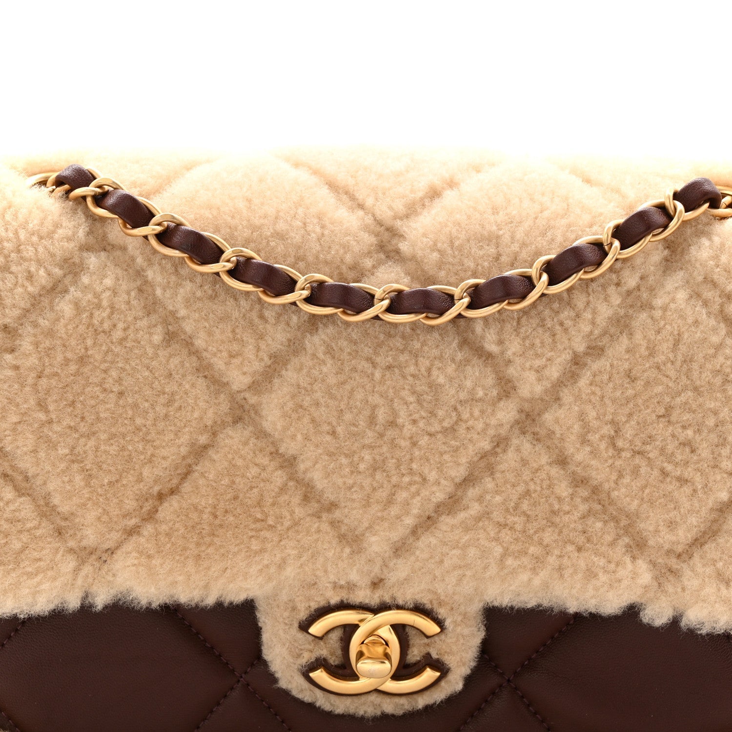 Shearling Lambskin Quilted Furry Coco Flap Dark Brown Beige