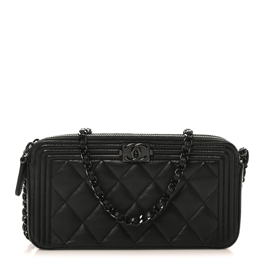 Lambskin Quilted Small Boy Clutch With Chain So Black
