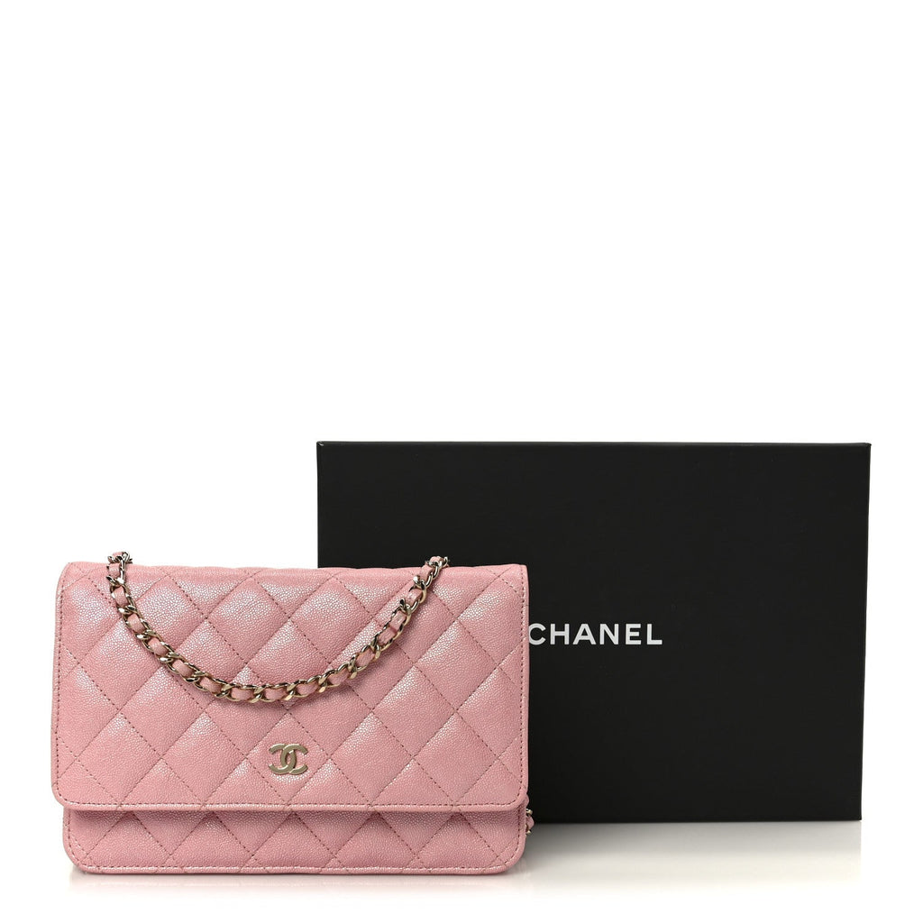 Iridescent Caviar Quilted Wallet on Chain WOC Rose Pink