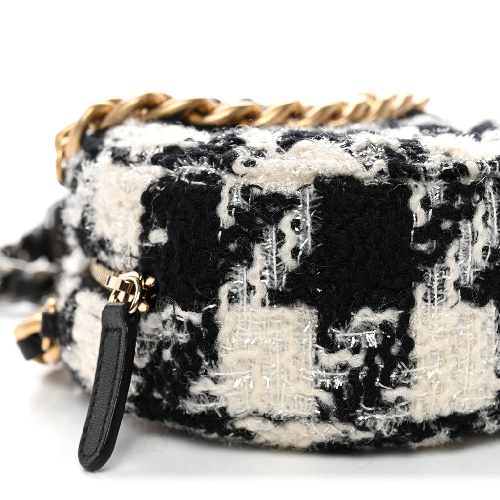 Wool Tweed Lambskin Quilted Chanel 19 Round Clutch With Chain and Coin Purse Black White