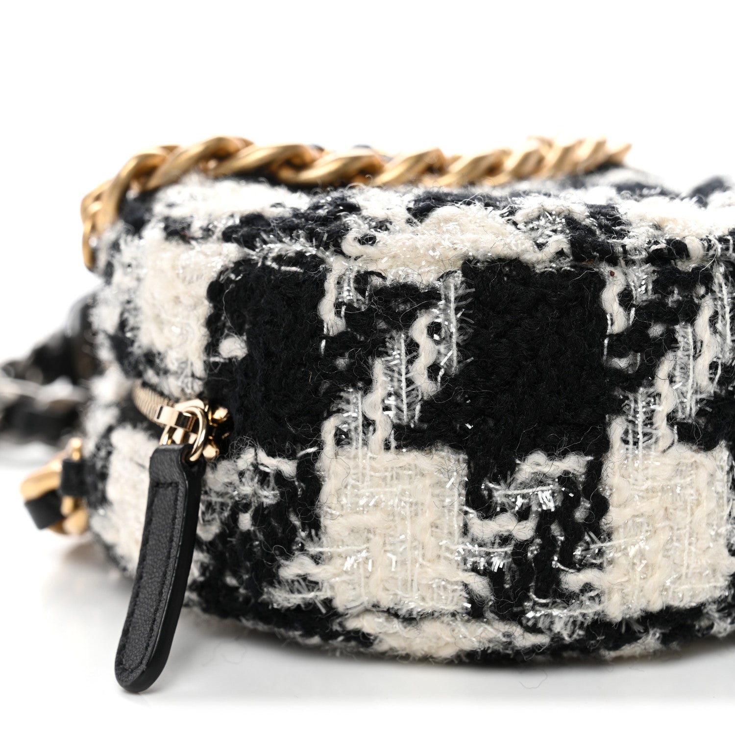 Wool Tweed Lambskin Quilted Chanel 19 Round Clutch With Chain and Coin Purse Black White