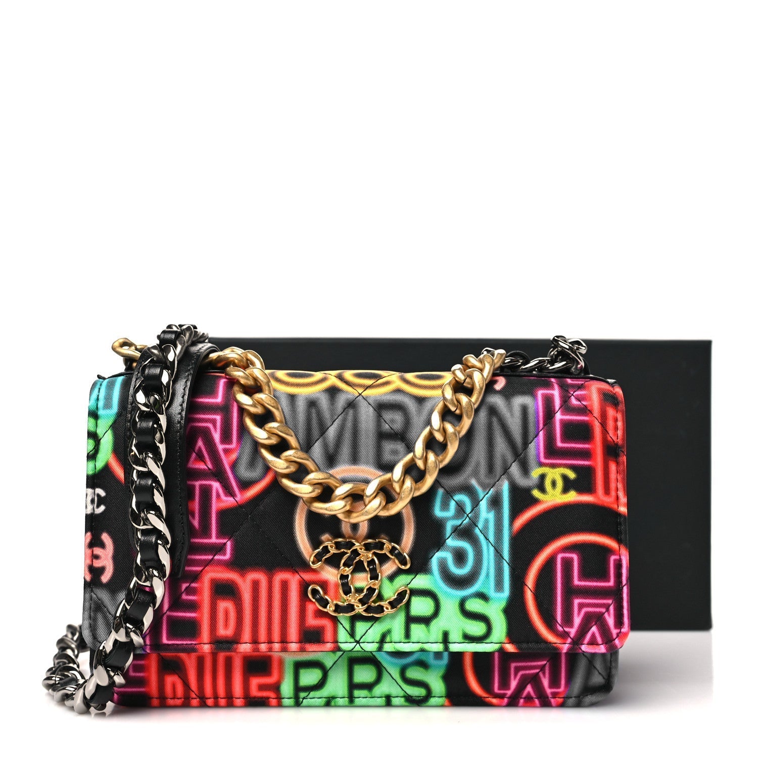 Fabric Printed Chanel 19 Wallet On Chain WOC Black Multicolor
