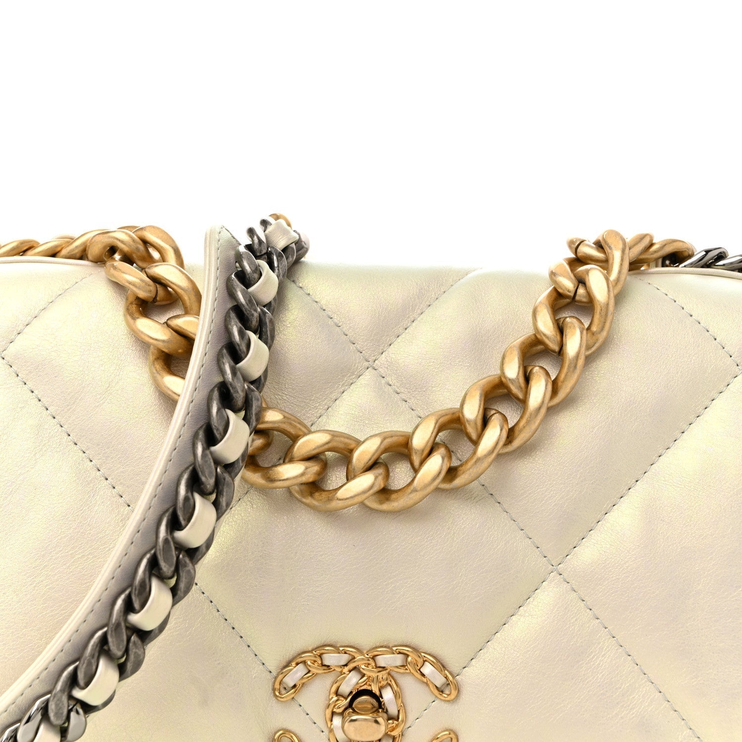 Iridescent Calfskin Quilted Large Chanel 19 Flap White