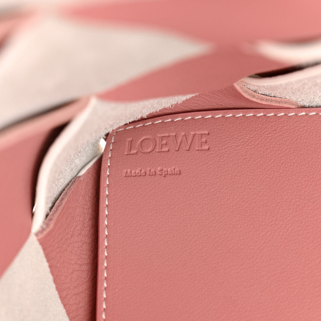 Calfskin Suede Gingham Woven Basket Bag Soft Pink White