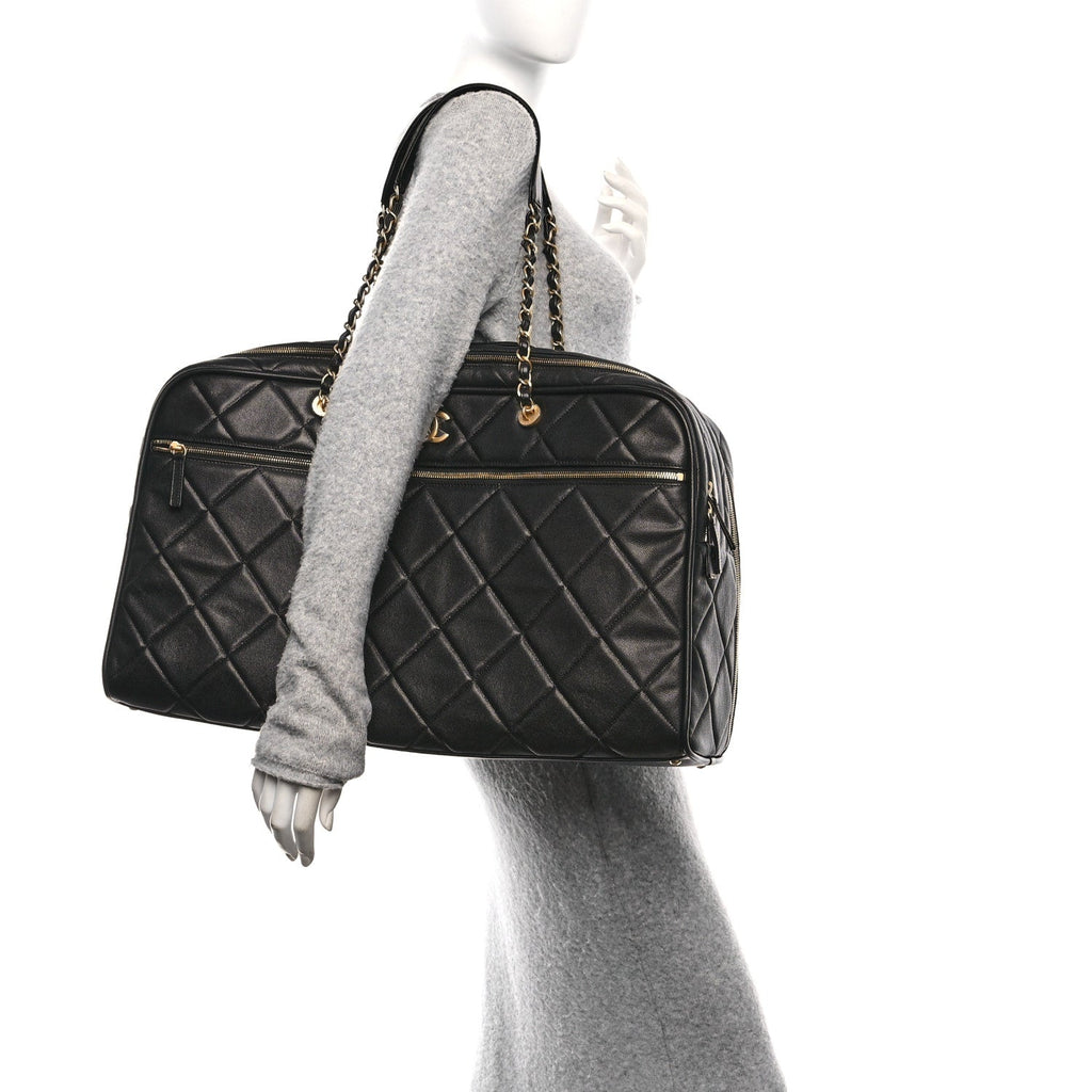 Shiny Grained Calfskin Quilted Large Travel Bowling Bag Black
