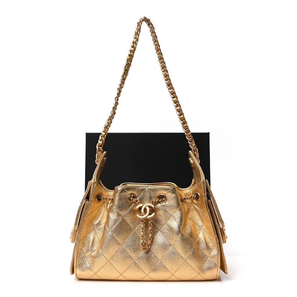 Metallic Caviar Quilted Mini Chanel 25 Handbag Gold