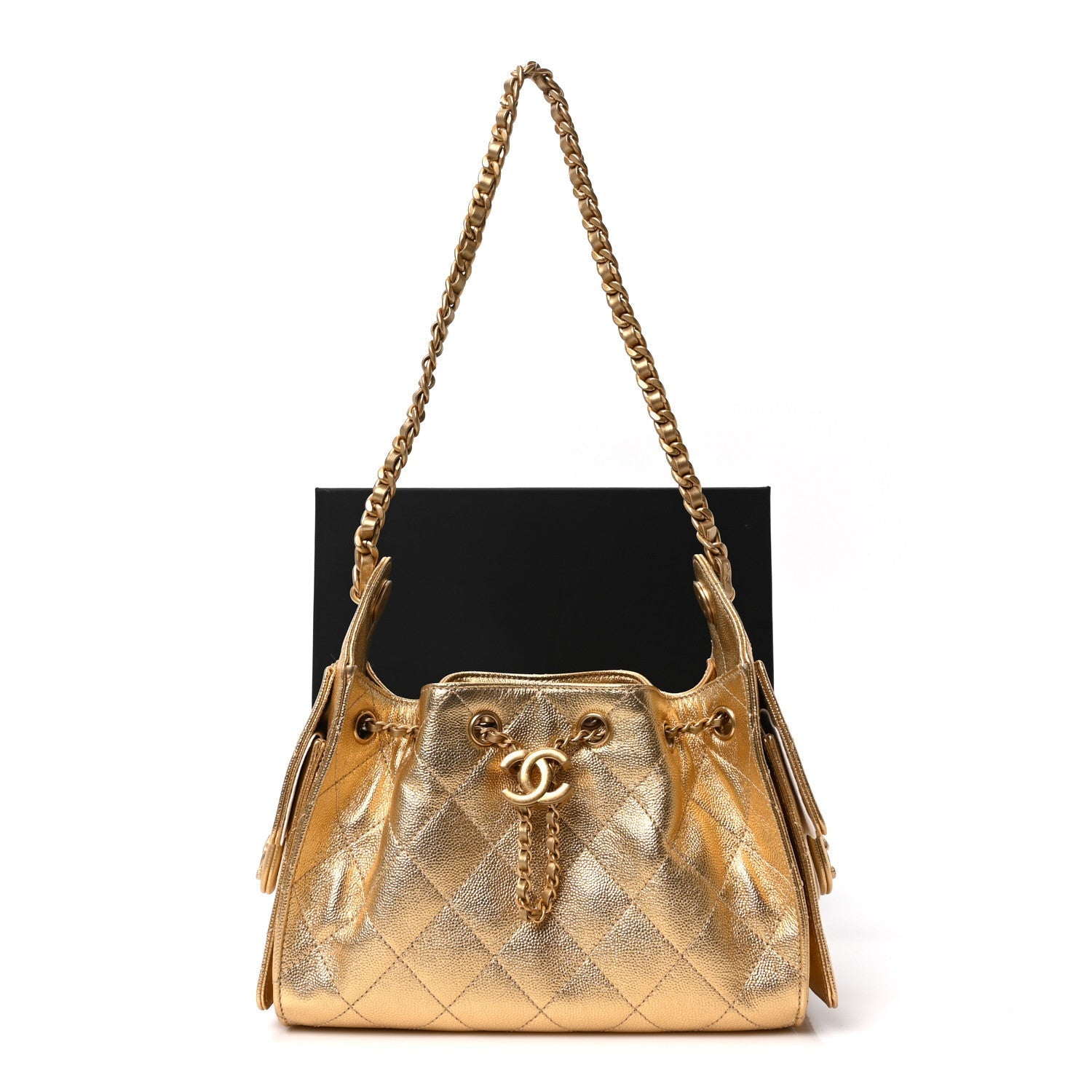 Metallic Caviar Quilted Mini Chanel 25 Handbag Gold
