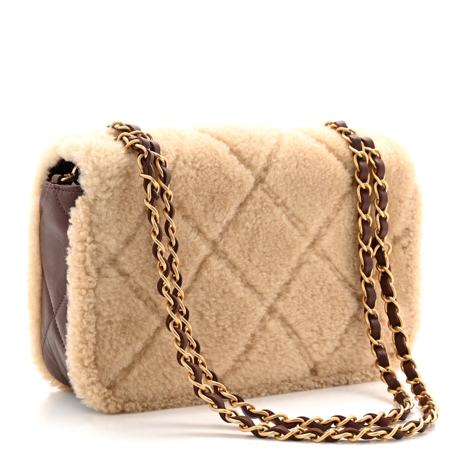 Shearling Lambskin Quilted Furry Coco Flap Dark Brown Beige