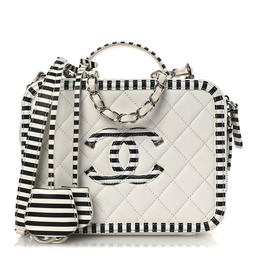 Caviar Quilted Striped Medium CC Filigree Vanity Case White Black