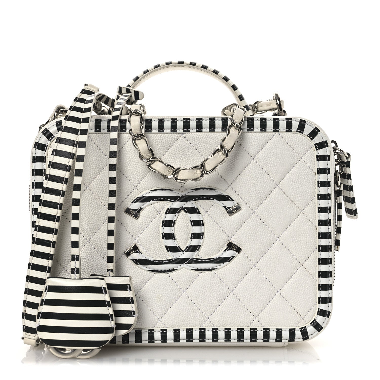 Caviar Quilted Striped Medium CC Filigree Vanity Case White Black