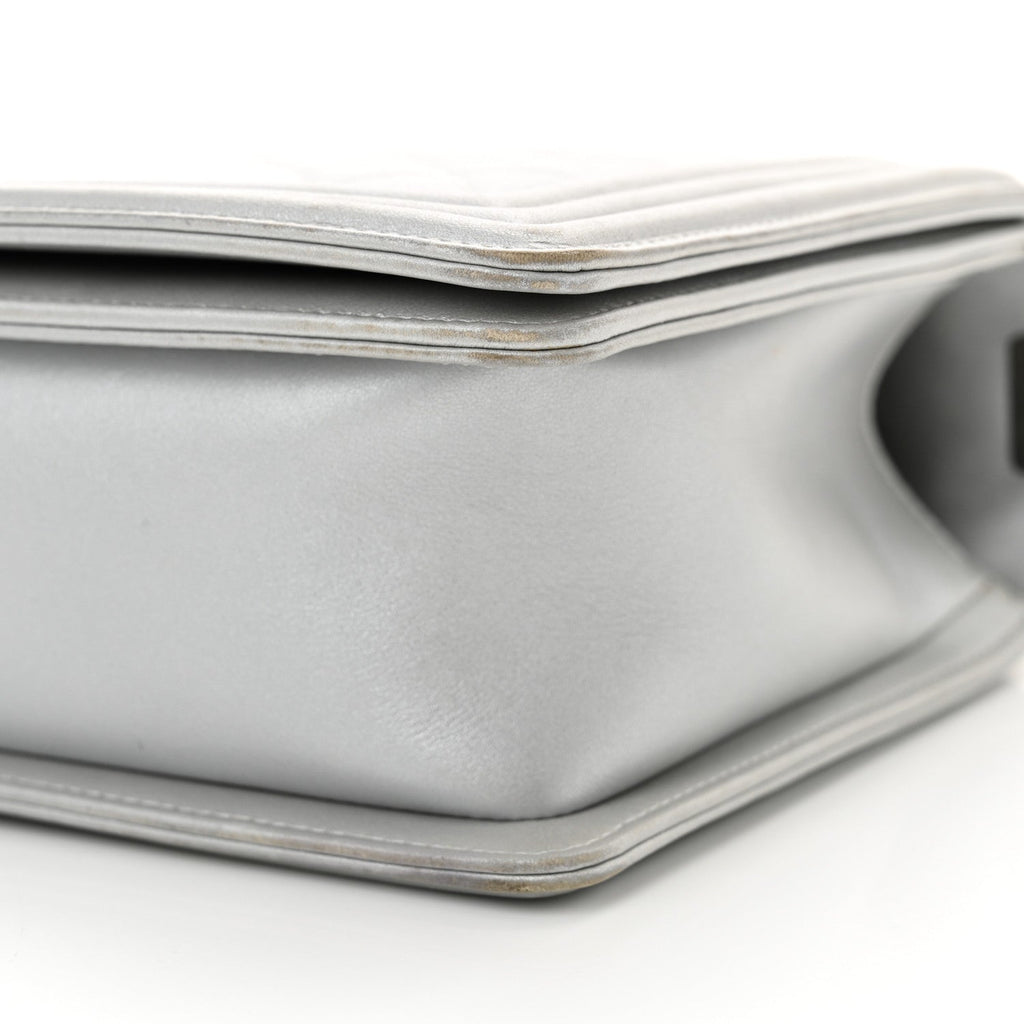Metallic Calfskin Quilted New Medium Plexiglass Boy Flap Silver
