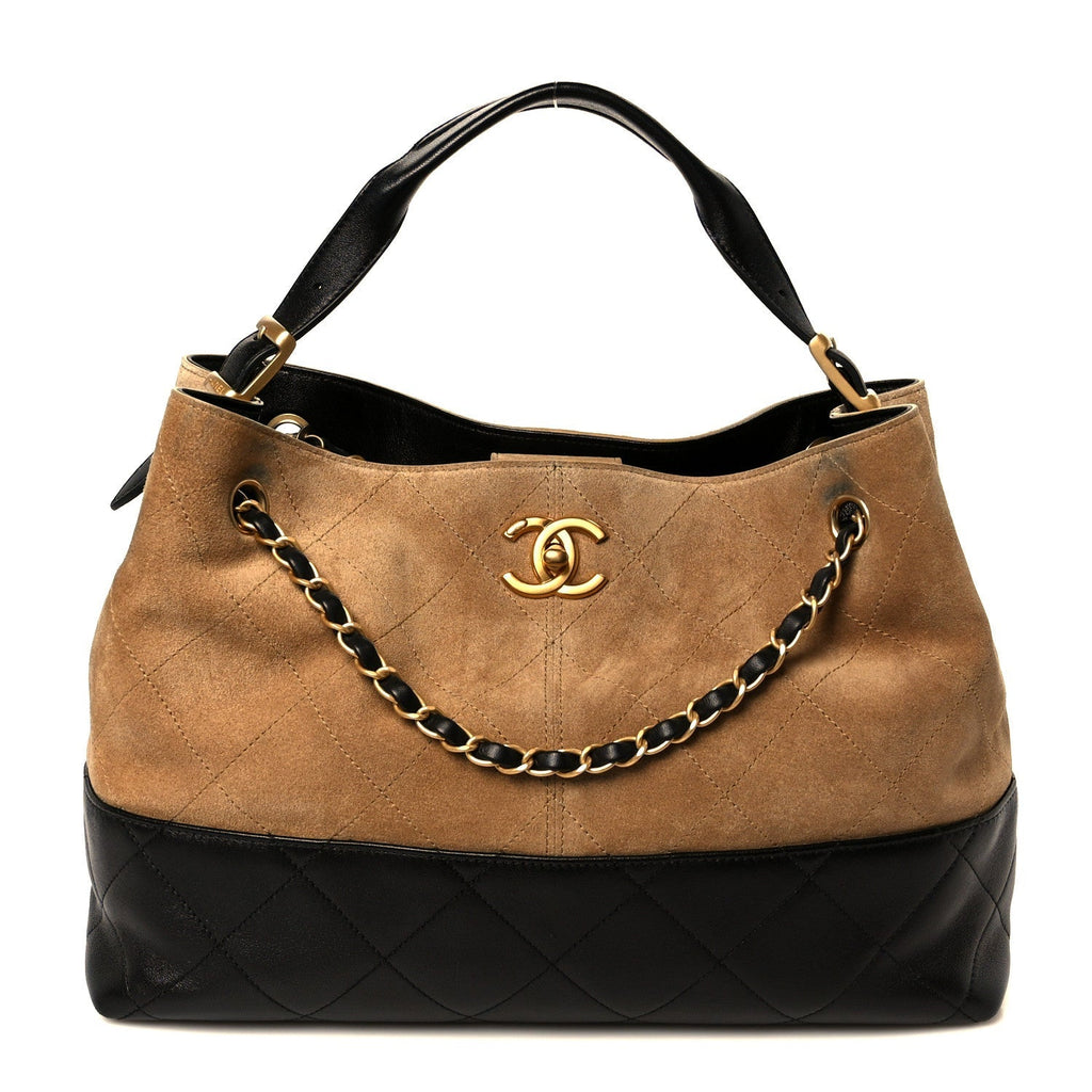 Suede Calfskin Shiny Lambskin Quilted Small Coco Base Shopping Bag Beige Black