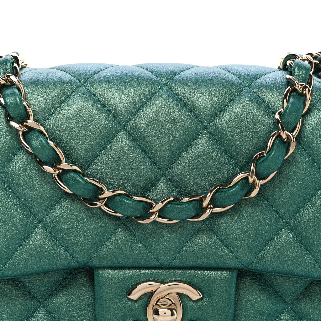 Iridescent Lambskin Quilted Mini Rectangular Flap Green