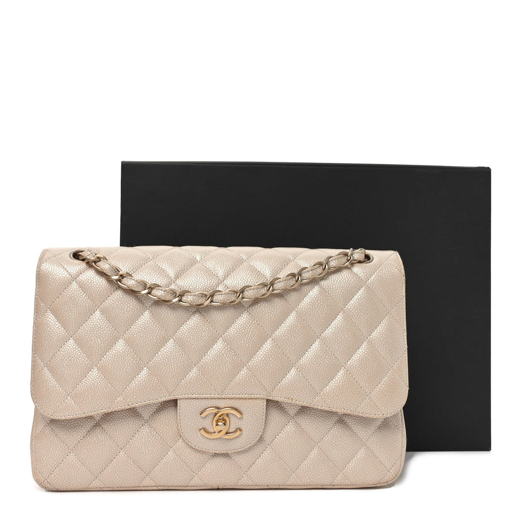 Iridescent Caviar Quilted Jumbo Double Flap Beige