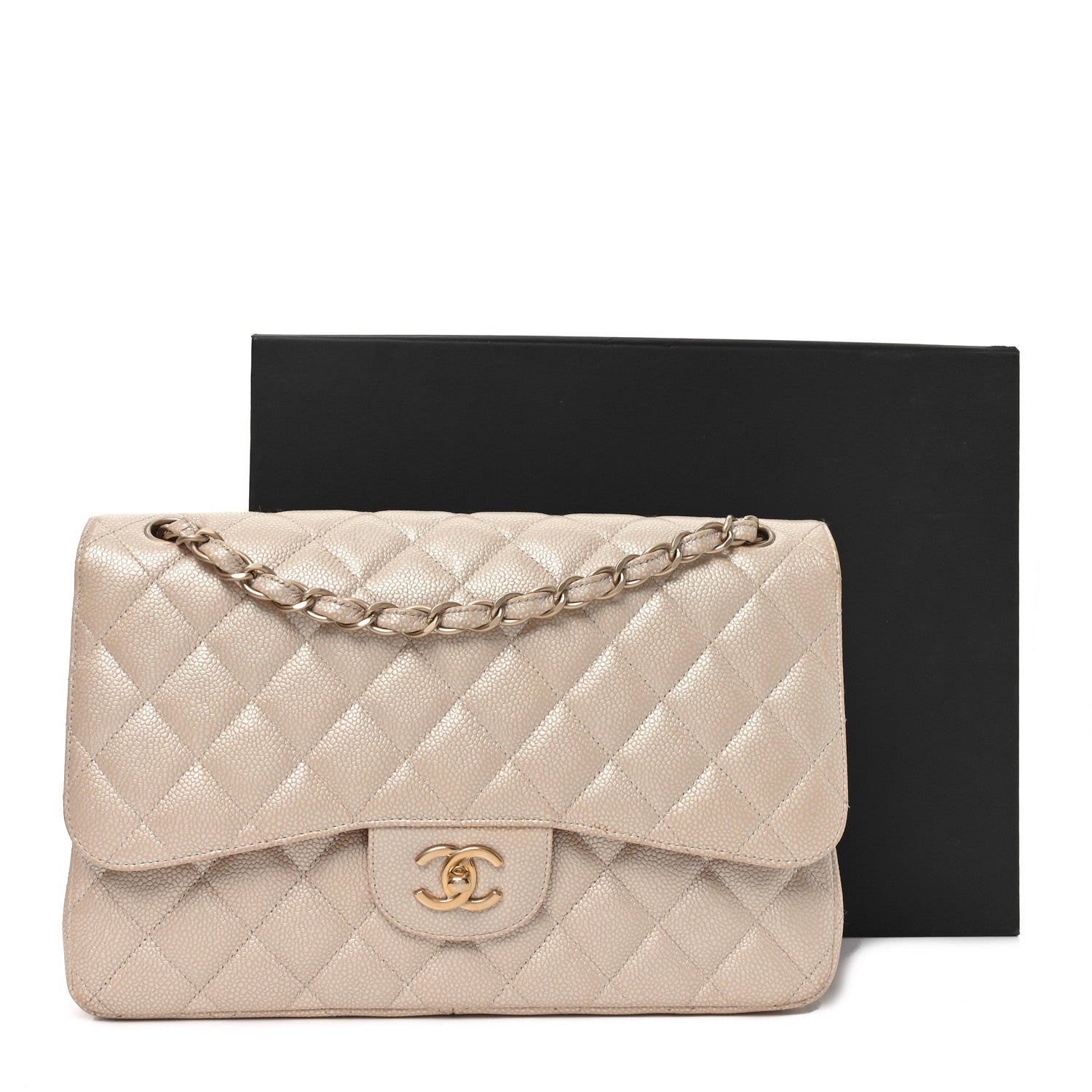Iridescent Caviar Quilted Jumbo Double Flap Beige