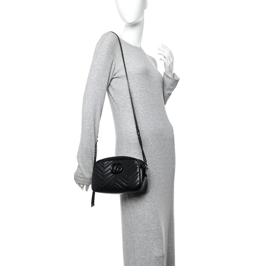 Calfskin Matelasse Monochrome Small GG Marmont Chain Shoulder Bag Black
