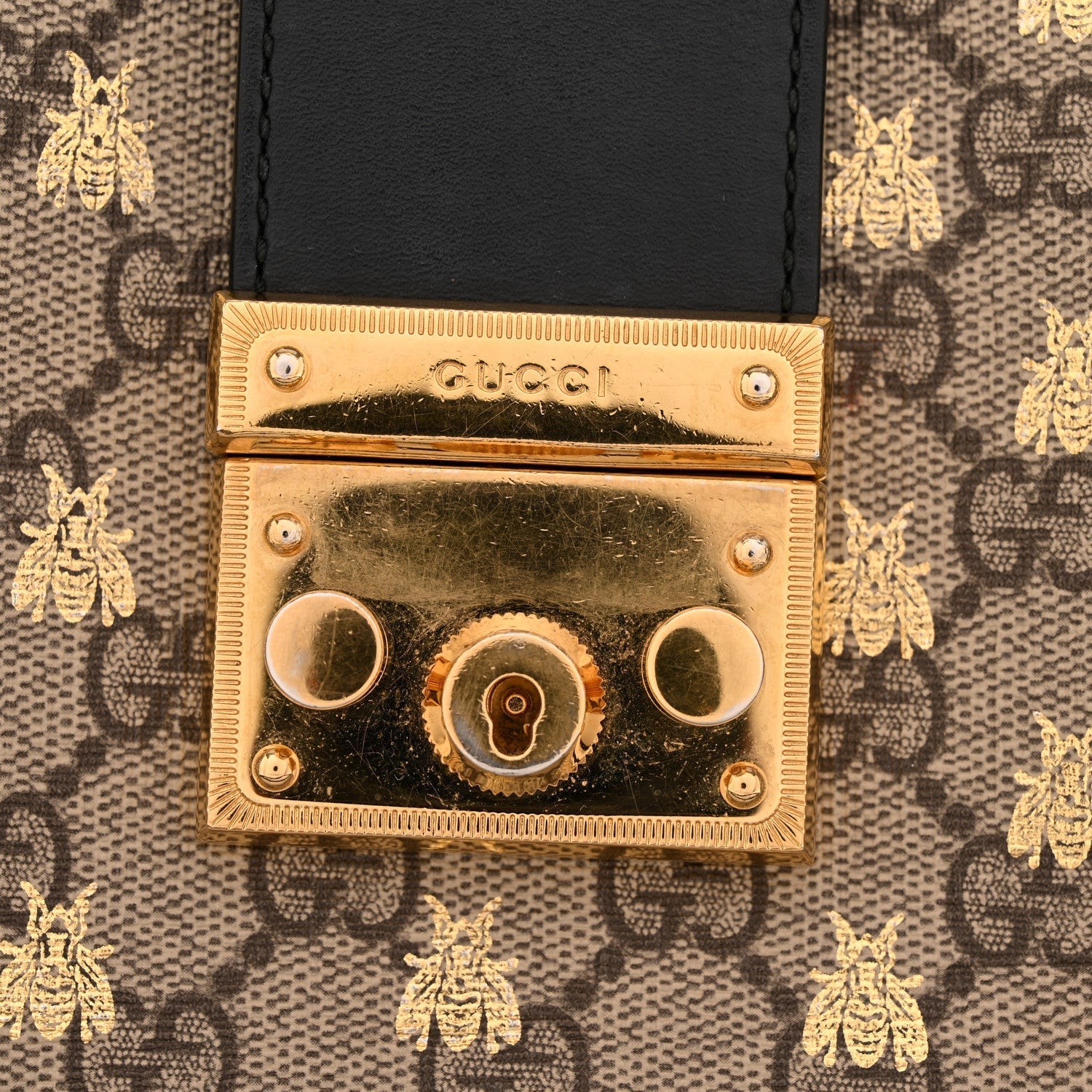 GG Supreme Monogram Bees Small Padlock Tote Beige Oro Black