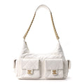 Shiny Lambskin Quilted Trendy Pockets Hobo White