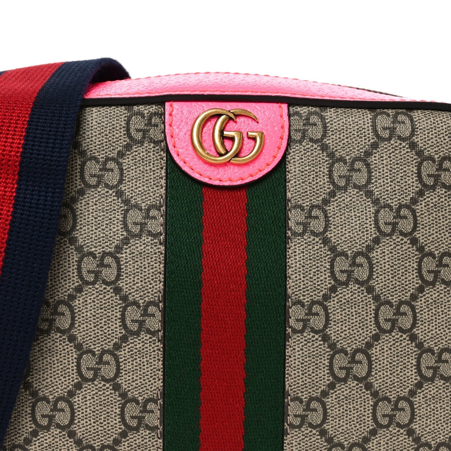 GG Supreme Monogram Textured Dollar Calfskin Web Ophidia Small Crossbody Bag Beige Ebony Fuchsia