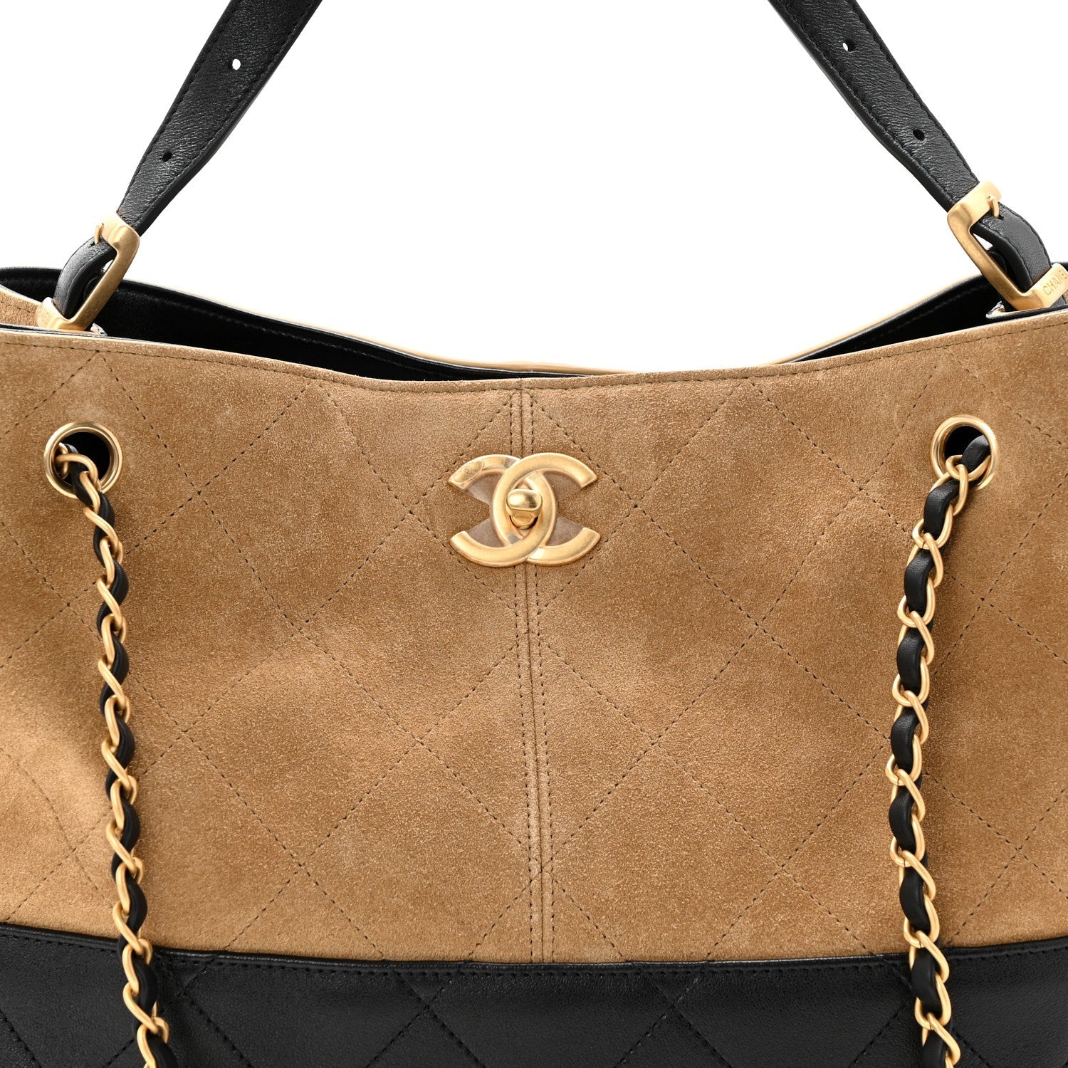 Suede Calfskin Shiny Lambskin Quilted Small Coco Base Shopping Bag Beige Black