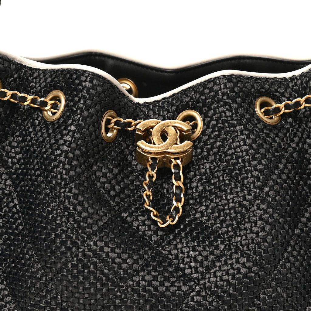 Braided Raffia Calfskin Quilted Small Chanel 25 Handbag Black White