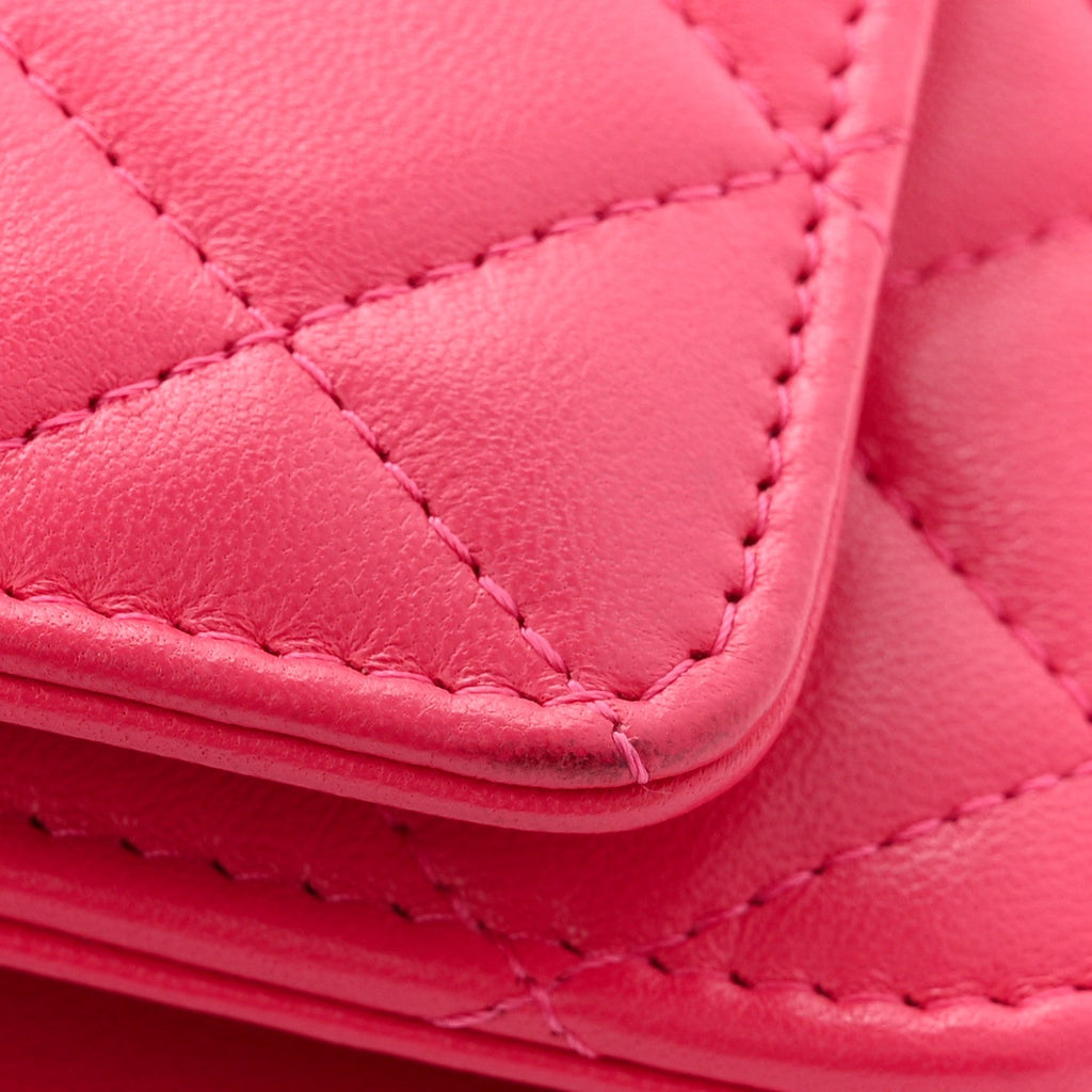 Lambskin Quilted Trendy CC Wallet On Chain WOC Dark Pink