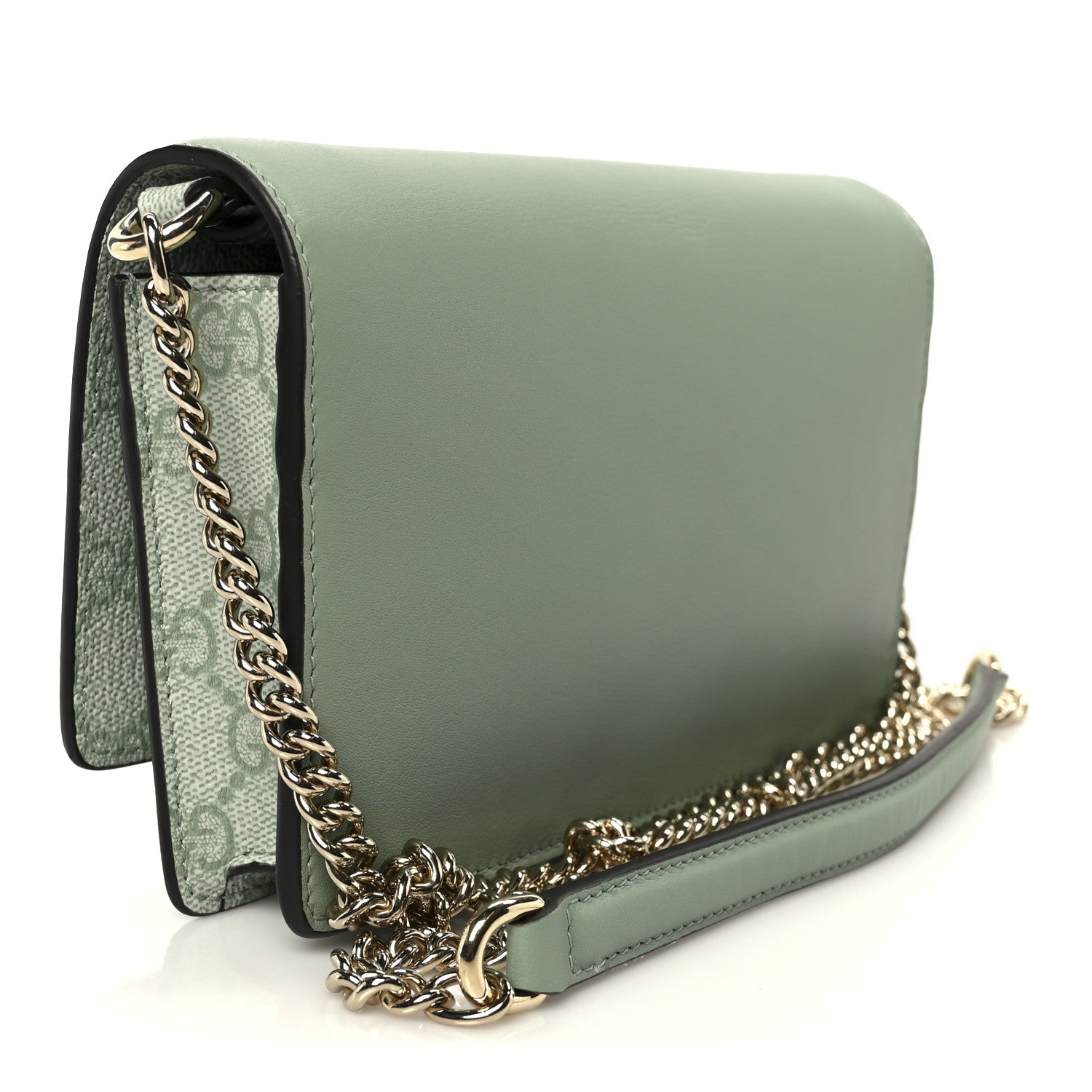 GG Supreme Monogram Textured Calfskin Emblem Wallet On Chain Sage Green