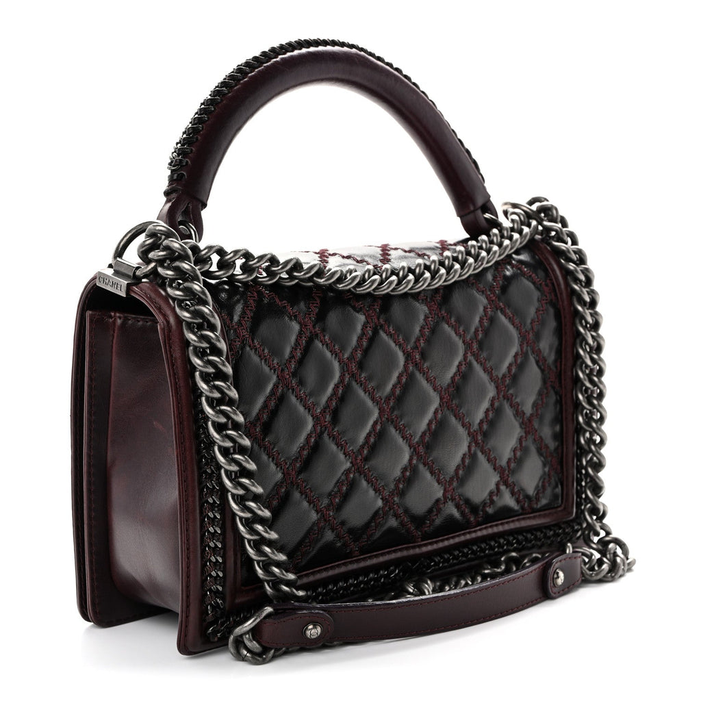 Goatskin Quilted New Medium Boy Handle Flap Burgundy