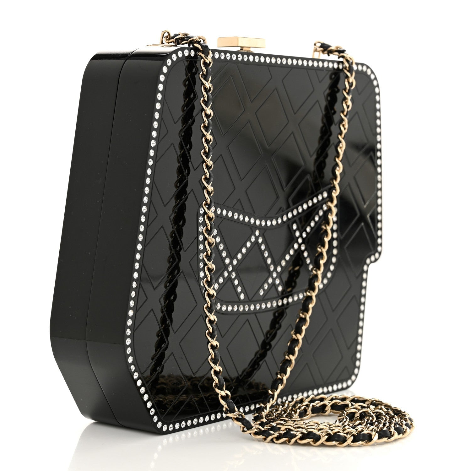Plexiglass Crystal Quilted Minaudiere Clutch Black White