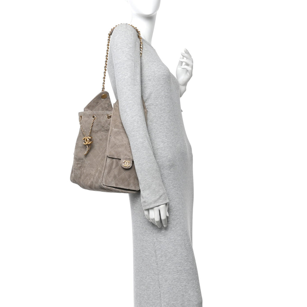 Suede Quilted Medium Chanel 25 Handbag Grey