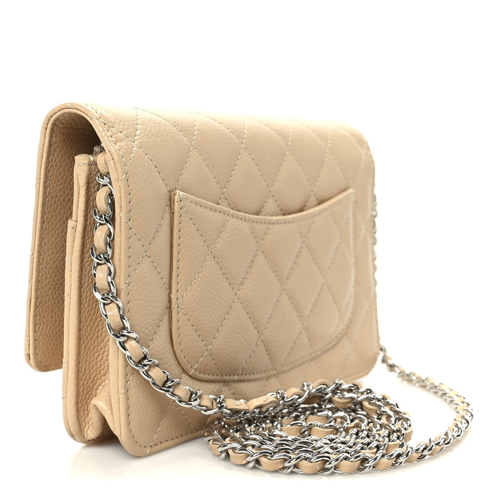 Caviar Quilted Wallet on Chain WOC Beige