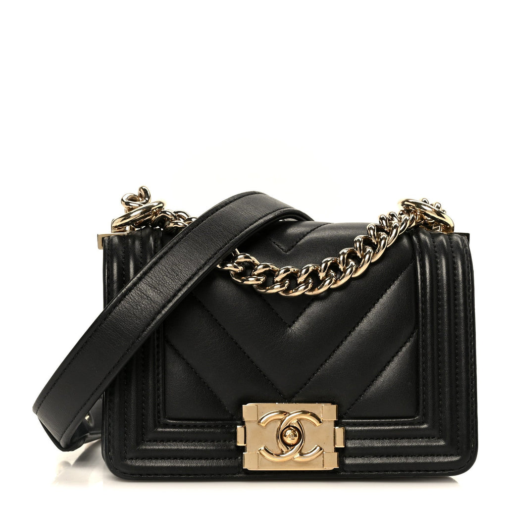 Lambskin Chevron Quilted Mini Boy Flap  Black