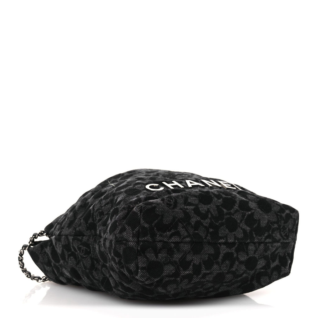Denim Quilted Floral Print Mini Chanel 22 Black Grey