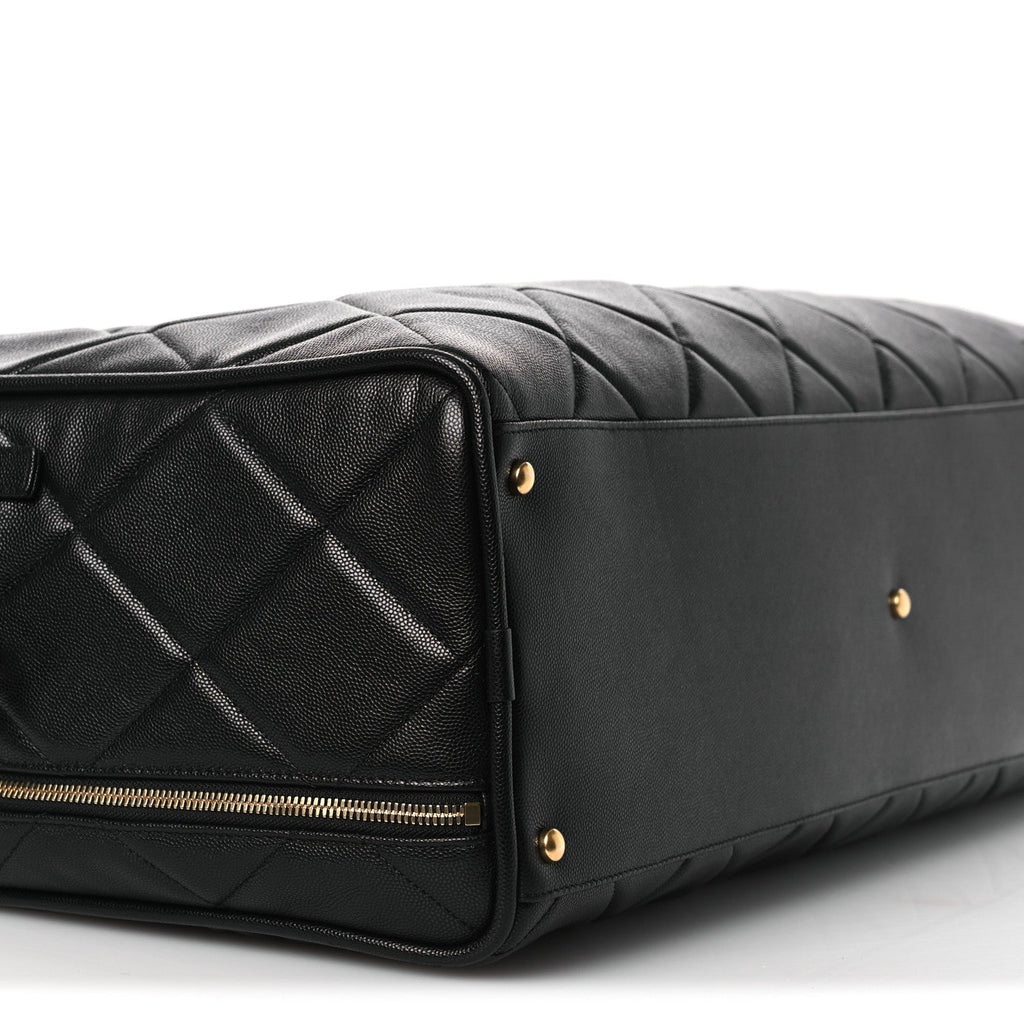 Shiny Grained Calfskin Quilted Large Travel Bowling Bag Black
