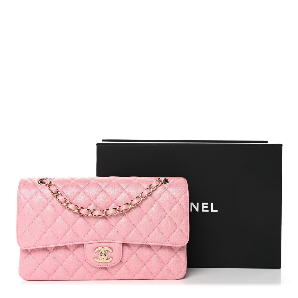 Iridescent Caviar Quilted Medium Double Flap Rose Pink