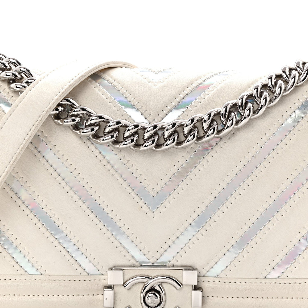 Lambskin Iridescent PVC Chevron Quilted Medium Boy Flap White Silver