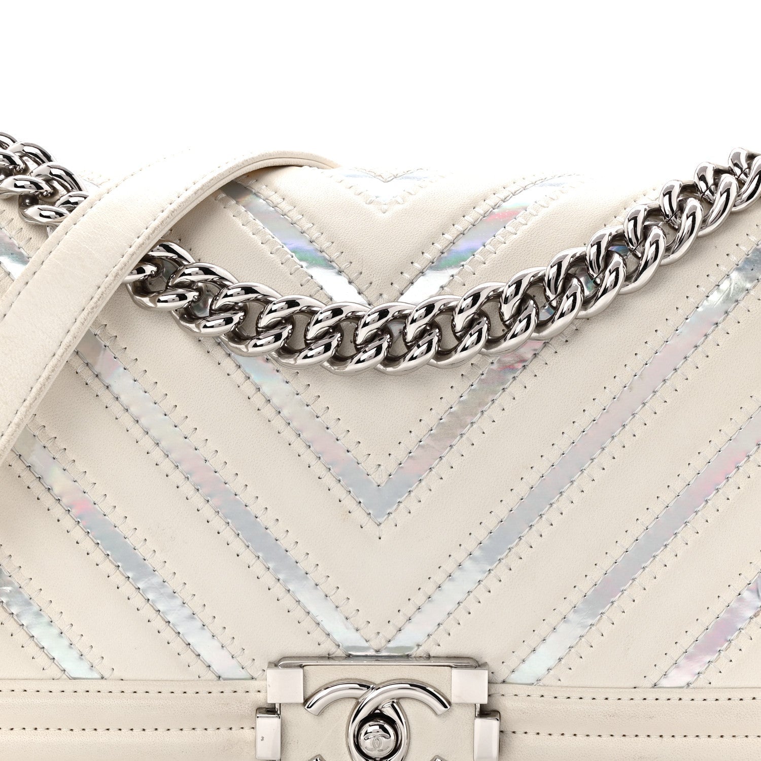 Lambskin Iridescent PVC Chevron Quilted Medium Boy Flap White Silver