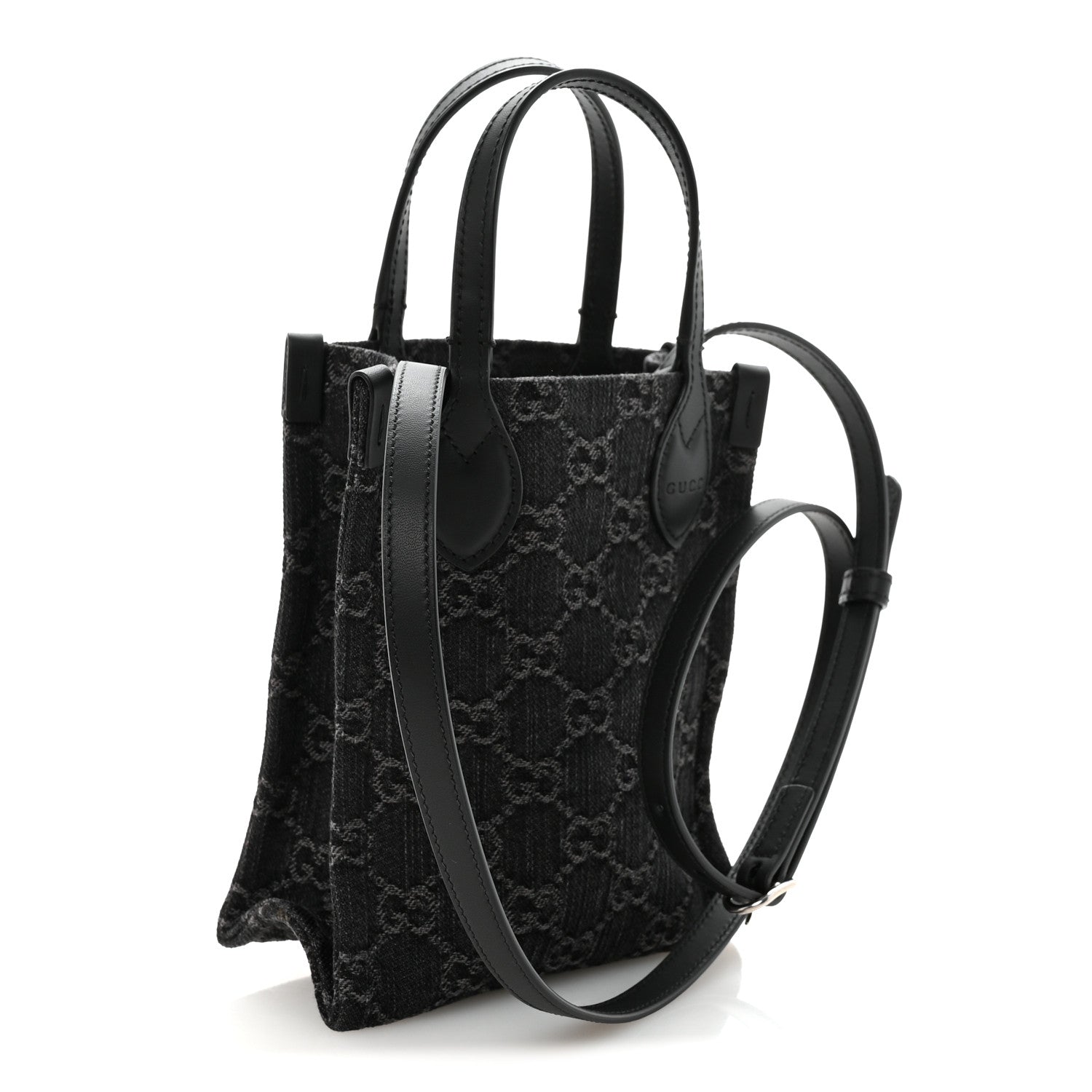 Denim Cuoio Harness GG Monogram Mini Ophidia Tote Bag  Black Medium Grey