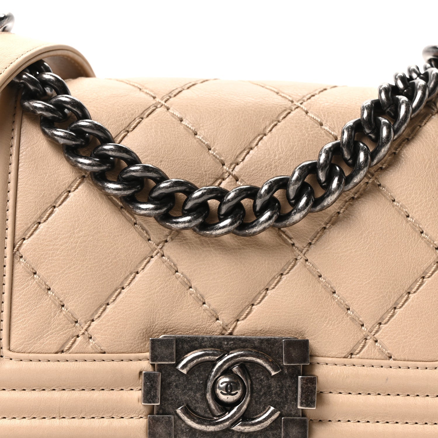 Calfskin Double Stitch Small Boy Flap Beige